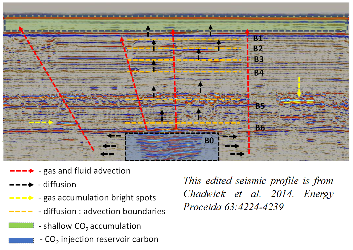 Seismic profile annotated with potential vertical gas migration and CO2 trapping levels